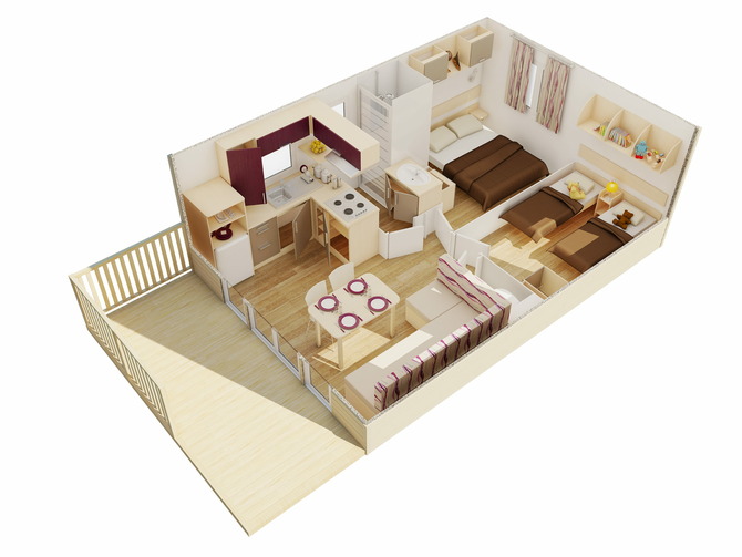 Ferienhaus in Pelzerhaken - Mobilheim M&eacute;diterran&eacute;e im Ferienpark AM WALDRAND - Grundriss 3D